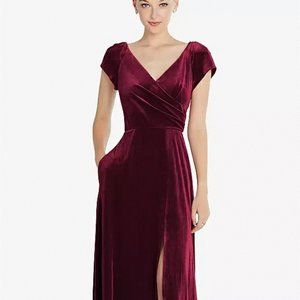 After Six 6862.Cap Sleeve Faux Wrap Velvet Maxi Dress with Pockets..Cabernet..M